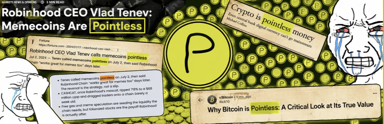 Headlines showing Robinhood CEO Vlad Tenev calling memecoins pointless